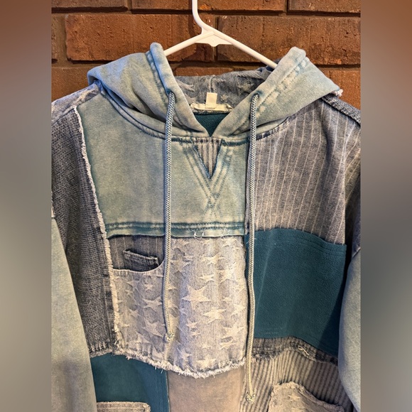Oli & Hali Patchwork Hoodie in Blue and Gray denim stars small s oversized - Picture 2 of 7